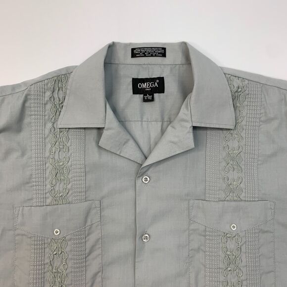 Omega Embroidered Button Up Shirt Mens L Large Gray Short Sleeve Cotton Blend - Picture 4 of 11